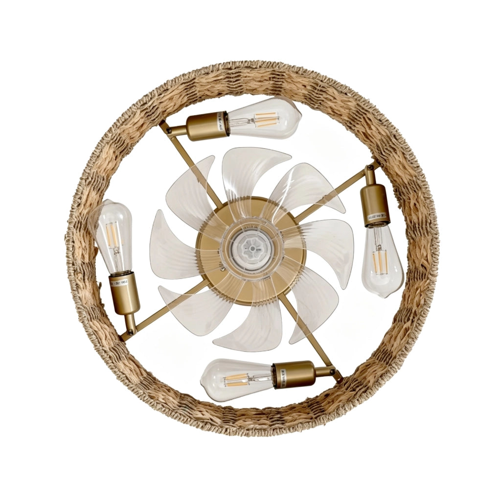 Ventilatore da soffitto con luce e telecomando; 53 cm; rattan naturale e finitura rame