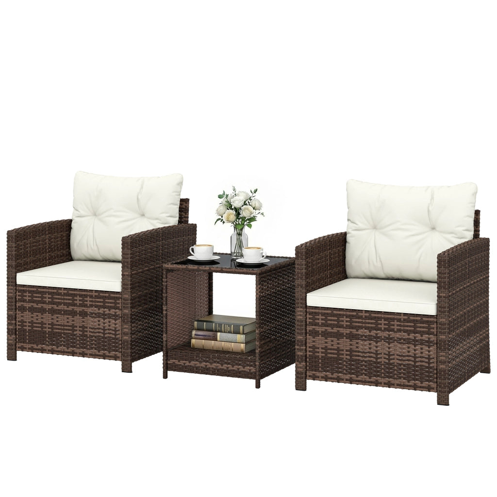 Set da Giardino 3pz in Rattan PE e Acciaio con 2 Poltrone con Cuscini e Tavolino da Caff¨¨, Marrone e Crema