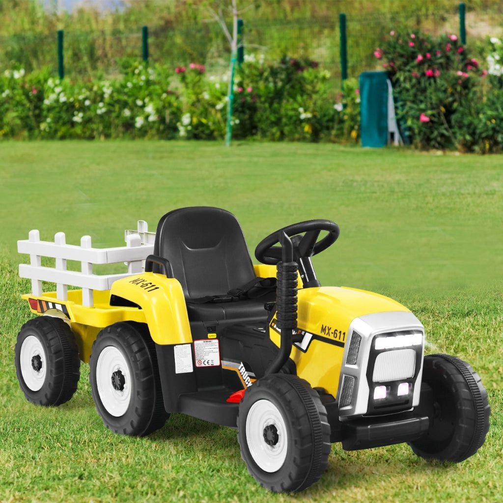 Trattore giocattolo elettrico con 3 marce luci led musica clacson, Trattore con rimorchio 12 v per bambini Giallo-Macchinine giocattoli