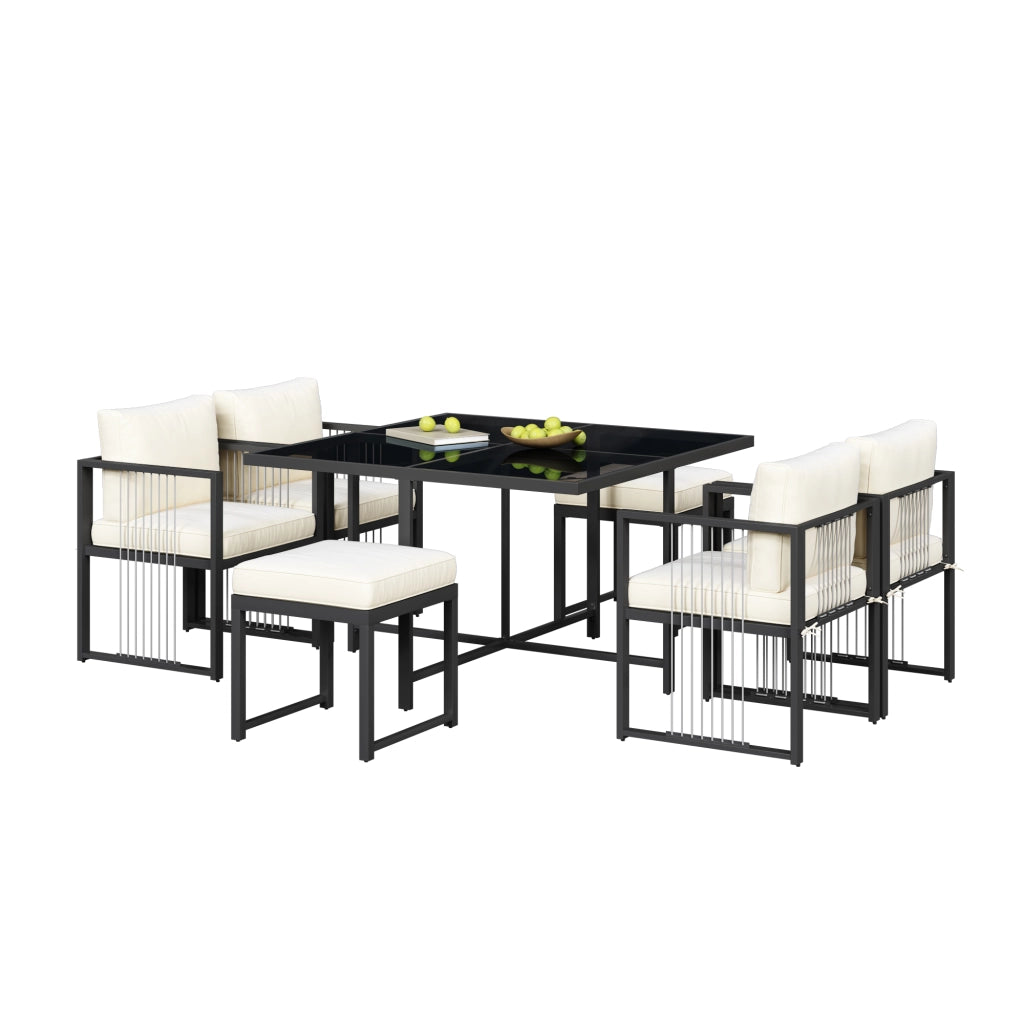 Set Tavolo e Sedie da Giardino con 1 Tavolo Quadrato; 4 Poltrone e 2 Poggiapiedi; Metallo; Vetro; Tessuto; Nero e Bianco