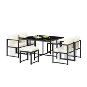 Set Tavolo e Sedie da Giardino con 1 Tavolo Quadrato; 4 Poltrone e 2 Poggiapiedi; Metallo; Vetro; Tessuto; Nero e Bianco