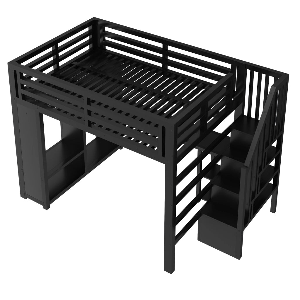 Letto a Soppalco 140x200 cm; Letto Matrimoniale - Scrivania; LED - in Metallo - Nero