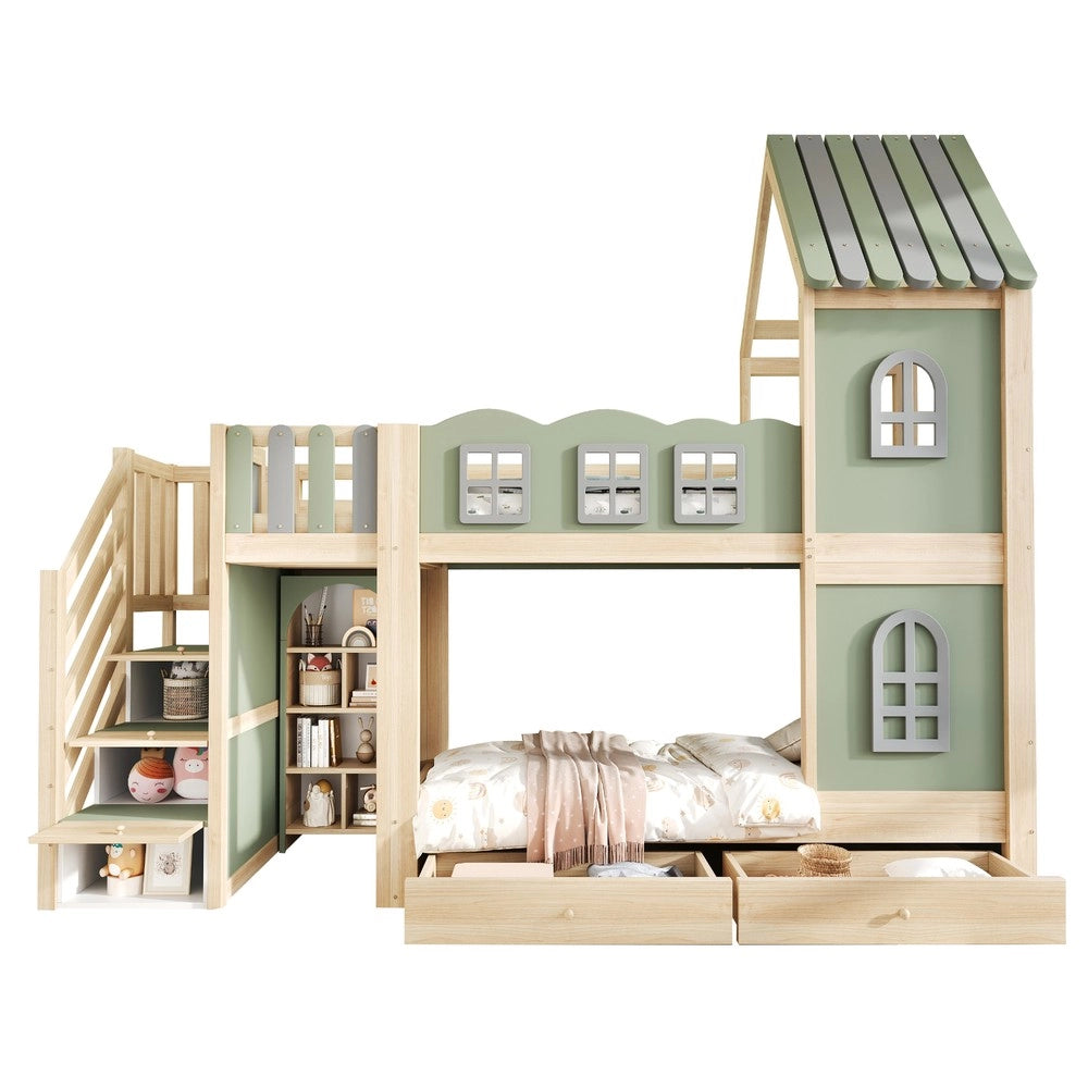 Letto a castello per bambini ¨C Minimal ¨C 90x200 cm in legno verde con cassetti e mensole