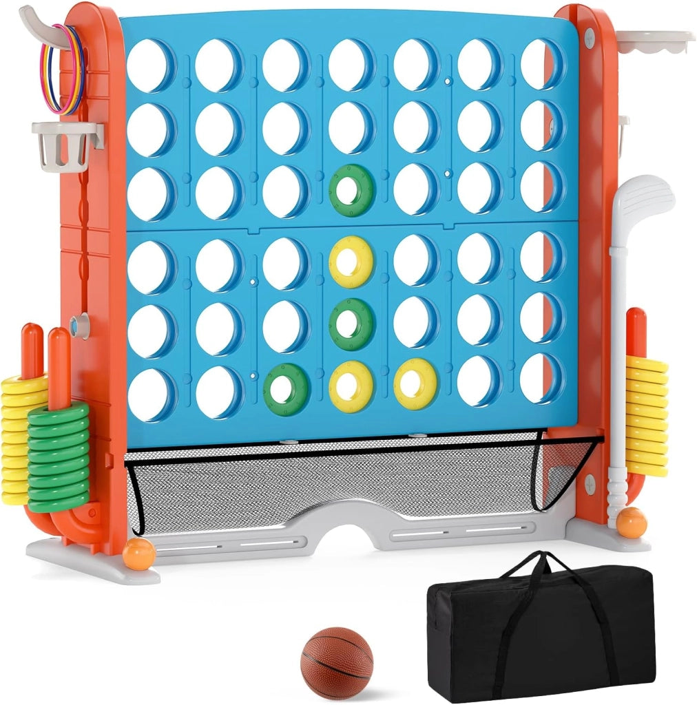 4 in 1 Forza 4 Gigante, Set di Gioco 4 in Fila con Lancio degli Anelli, Canestro da Basket, Palla, Mazza da Golf, Porta Bicchieri, Borsa e Tasca a Rete, Forza 4 Regolabile in Altezza (Azzurro)
