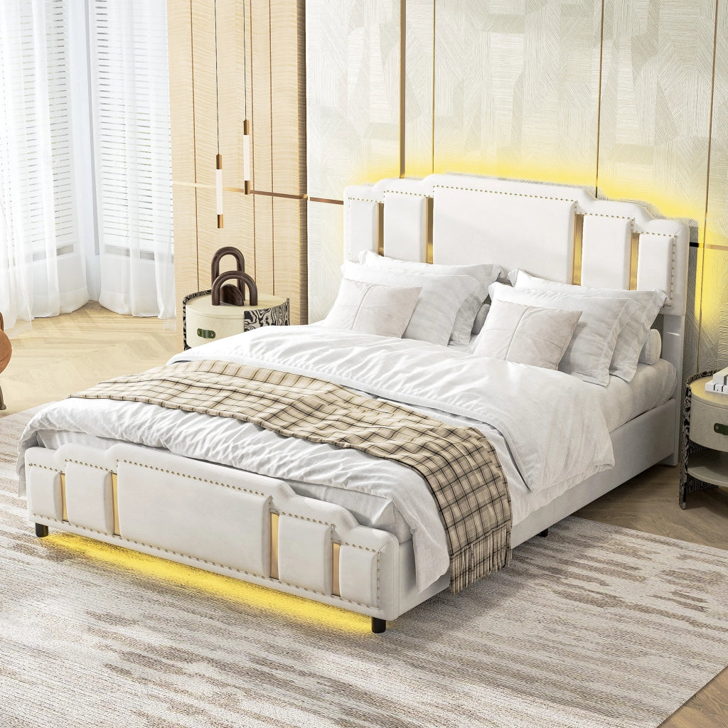 Letto contenitore matrimoniale 160 × 200 cm con sollevamento idraulico, LED e senza materasso, in velluto beige
