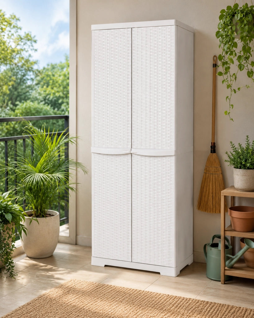 MOBILETTO IN POLIPROPILENE 4 RIPIANI IN RATTAN H.178- L cm. 65 x P cm. 45 Bianco- TRIOP- pezzi 1