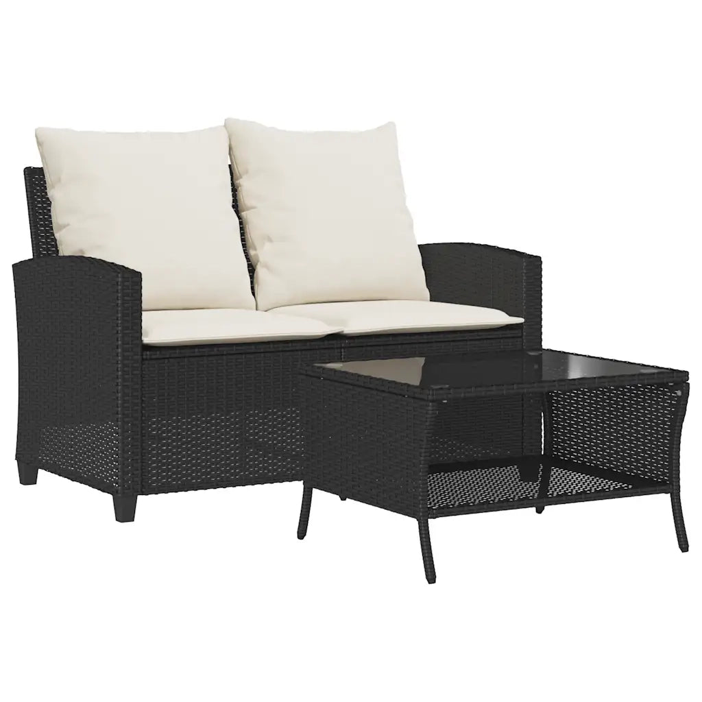Divano da Giardino a 2 Posti Cuscini&Tavolo-Sofa da Giardino-Divano da esterno Nero in Polyrattan