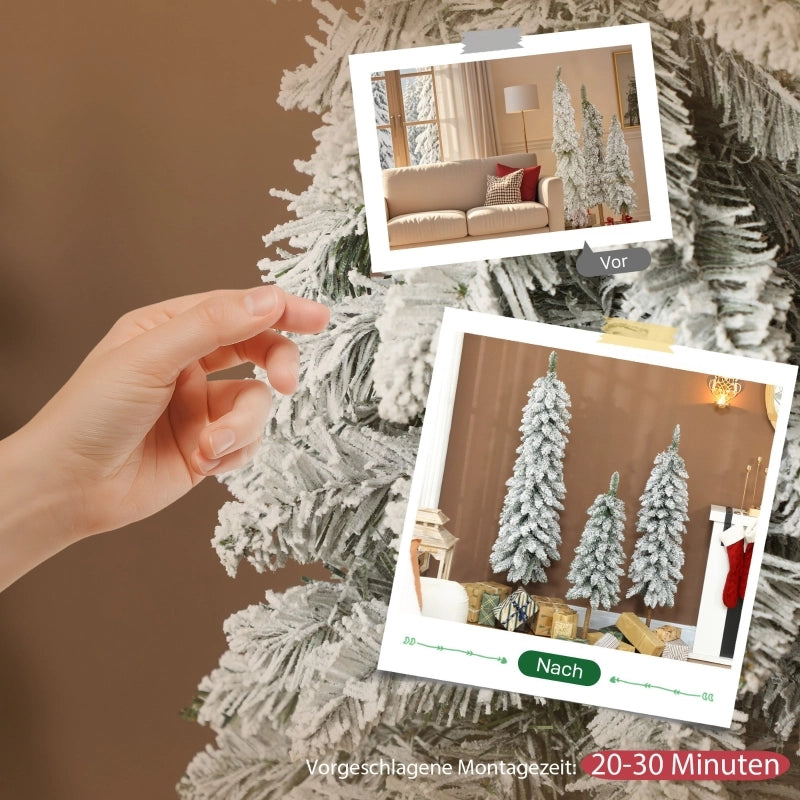 Set di 3 alberi di Natale artificiali innevati, 3 misure, con supporto in metallo, ignifughi, in plastica, verdi e bianchi.