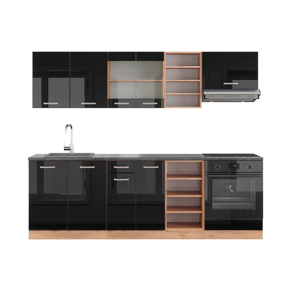 Cucina componibile R-Line Nero lucido/Rovere dorato 240 cm, PL Antracite Vicco