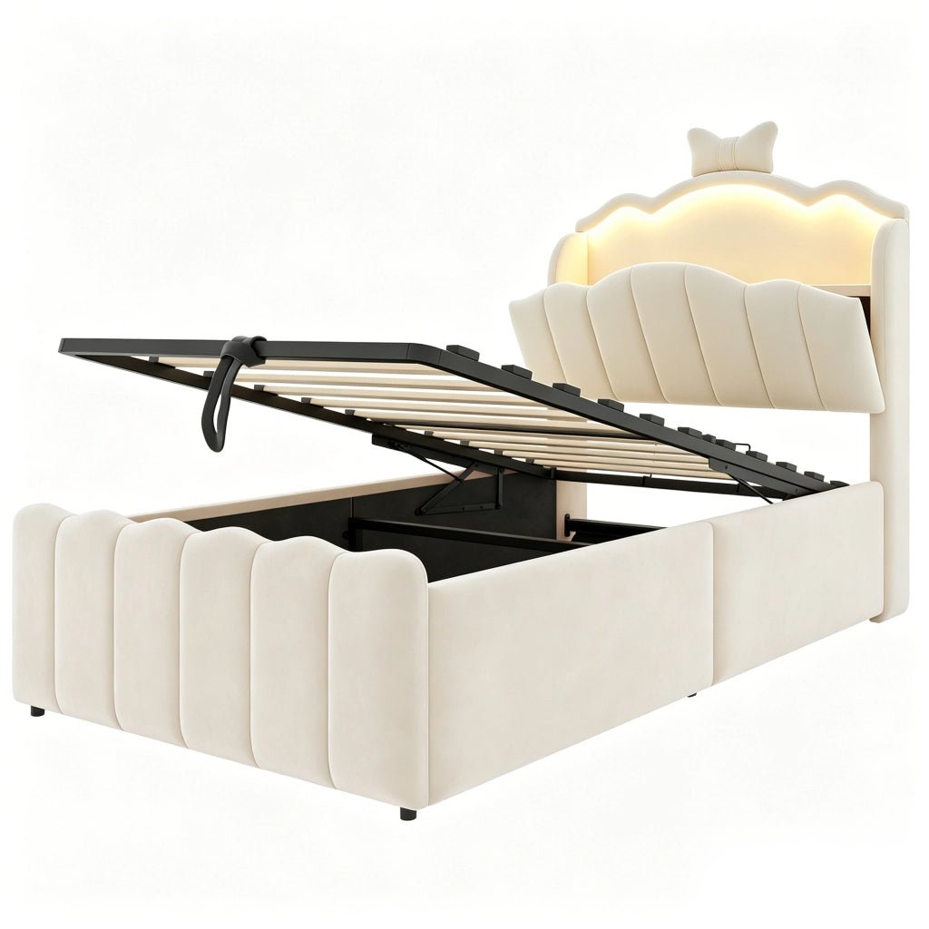 Letto contenitore imbottito 90x200 cm con sollevamento idraulico; testiera apribile; USB/USB-C; LED e velluto beige