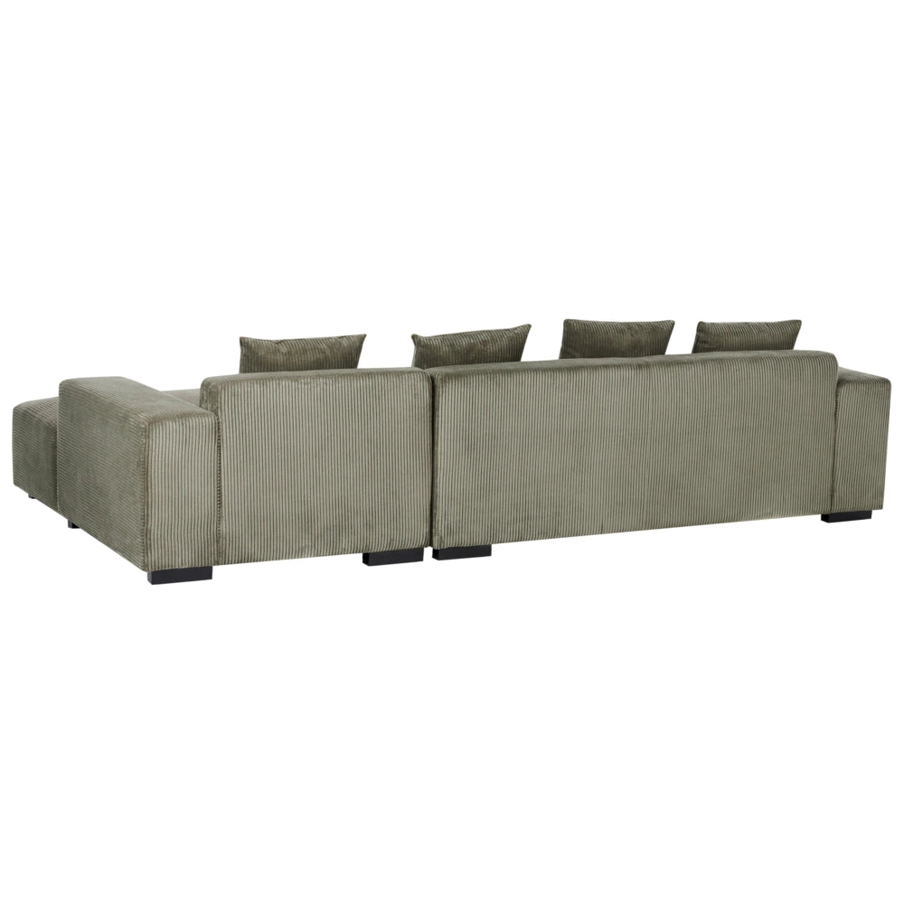 Divano angolare a L con cuscini 4 posti in velluto a coste verde con ottomana versione a sinistra stile elegante moderno