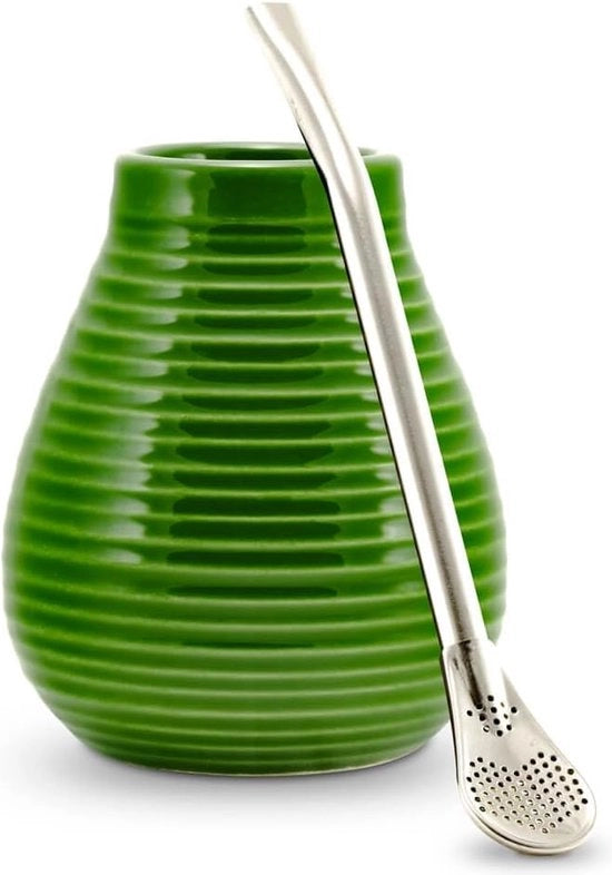 Set di Mate in Ceramica + Bombilla in Acciaio Inossidabile per Tè di Mate in Origine (Verde)