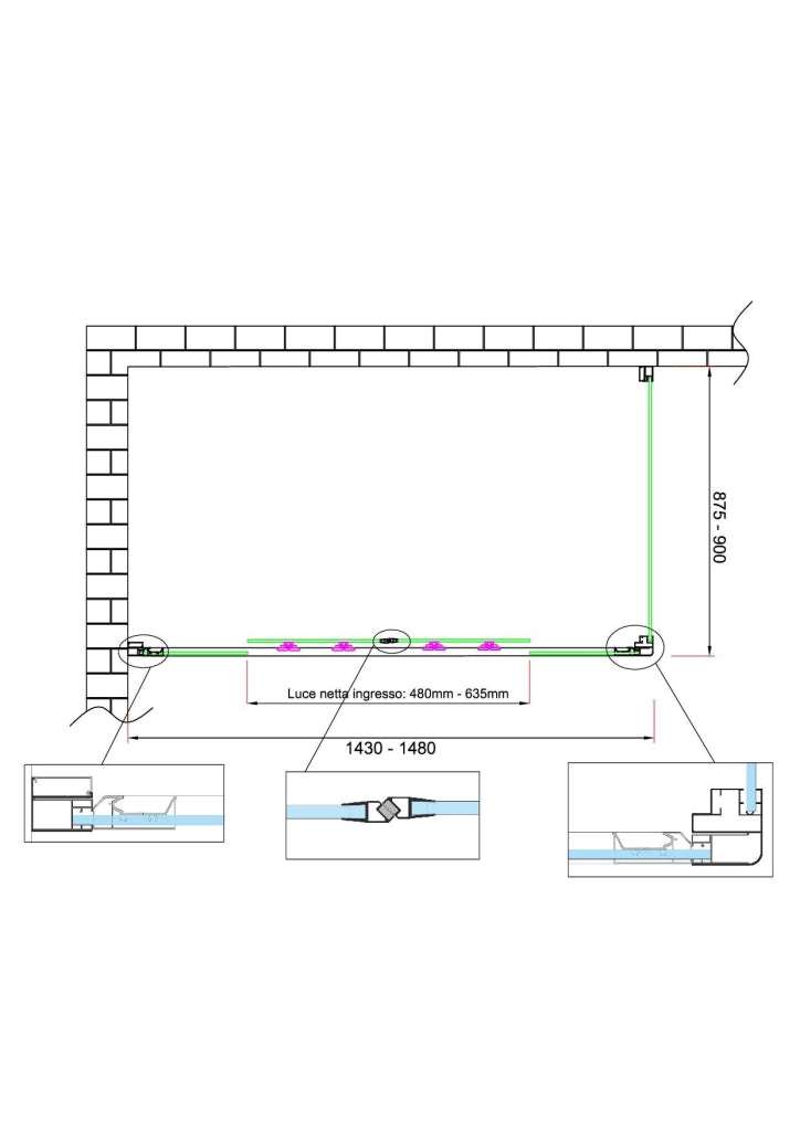 Box doccia 6 mm H 190 parete fissa e porta a 4 ante con apertura centrale MISURA 87,5-90 ANTA FISSA + PORTA 143-148