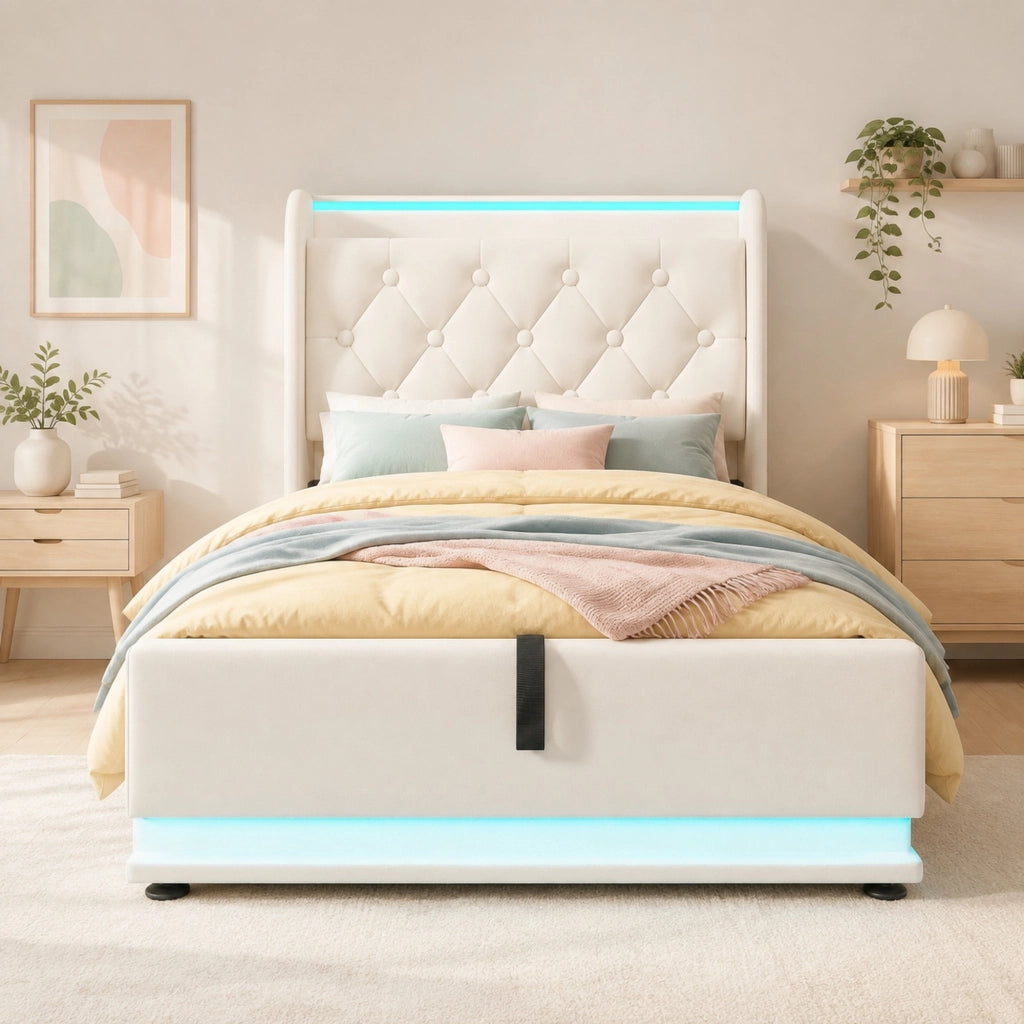Letto singolo imbottito 90x200 cm in PU bianco con LED; USB e contenitore idraulico