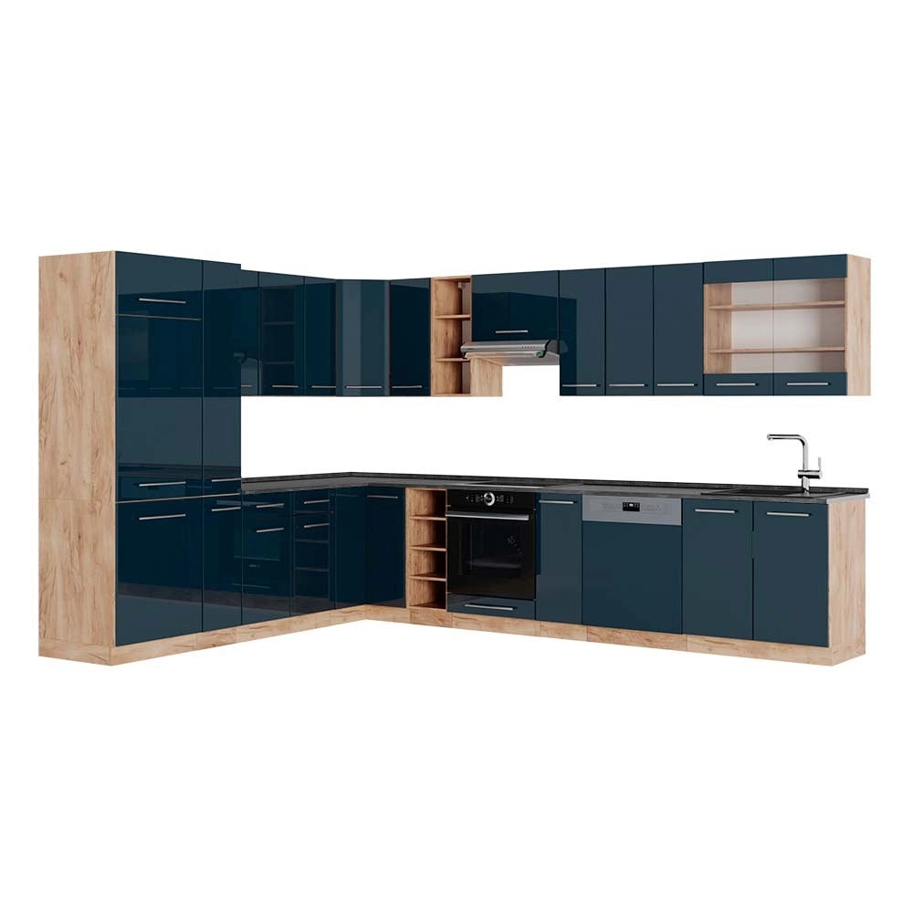 Cucina angolare completa Fame-Line Blu scuro lucido/Rovere dorato 347 x 257 cm, PL Antracite Vicco