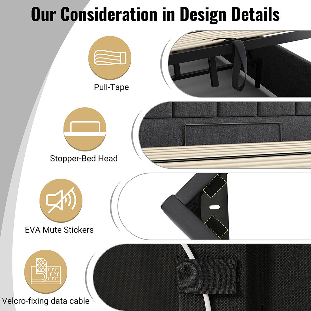 Letto imbottito con Coffre - Xylo - 160x200 cm - Grigio Lino - Controllo App LED e USB-C