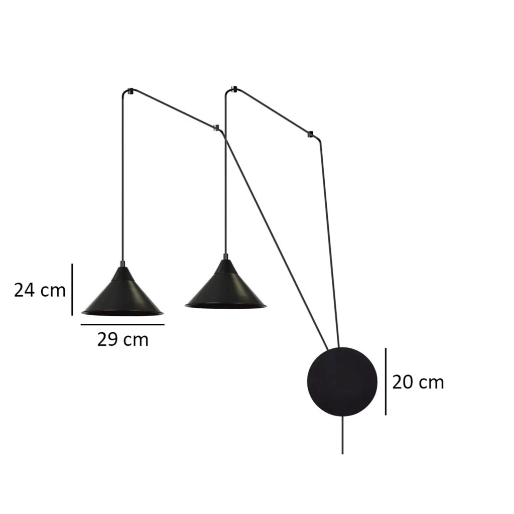 Sospensione Minimal 2 Luci Fujin In Acciao Nero E Paralume A Cono