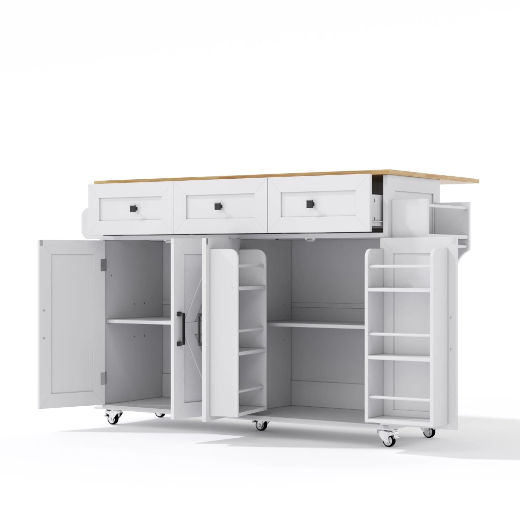 Isola da cucina con piano ribaltabile, 4 ante e 3 cassetti, bianco e naturale, 140x43(70)x90,5 cm