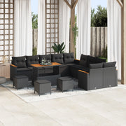 Set divani giardino con cuscini  14 pezzi Nero Polyrattan Acacia