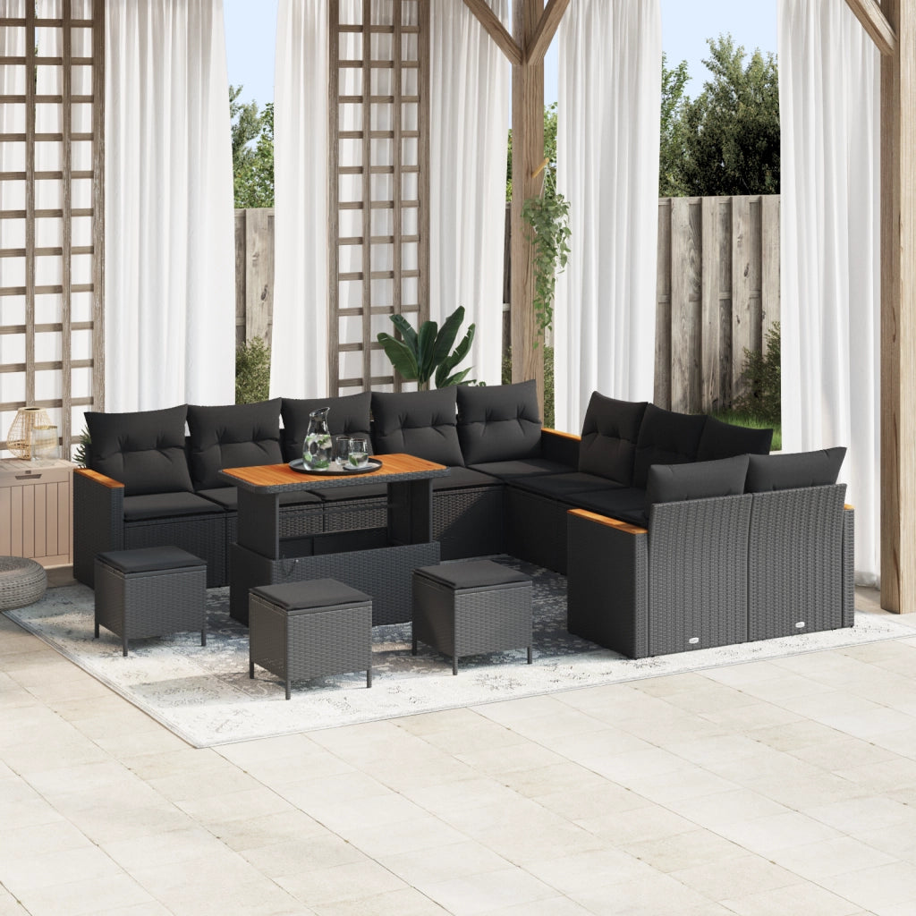 Set divani giardino con cuscini  14 pezzi Nero Polyrattan Acacia