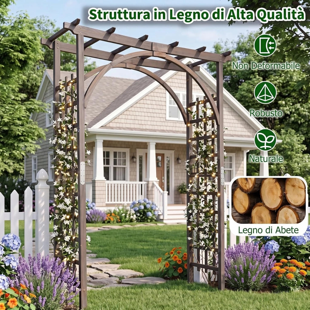 Arco da Giardino, Pergolato per Rampicanti con Tetto Piatto | Pergola in Legno Massello da Ingresso, Viale e Cortile per Matrimonio e Evento, 160 x 60 x 216 cm