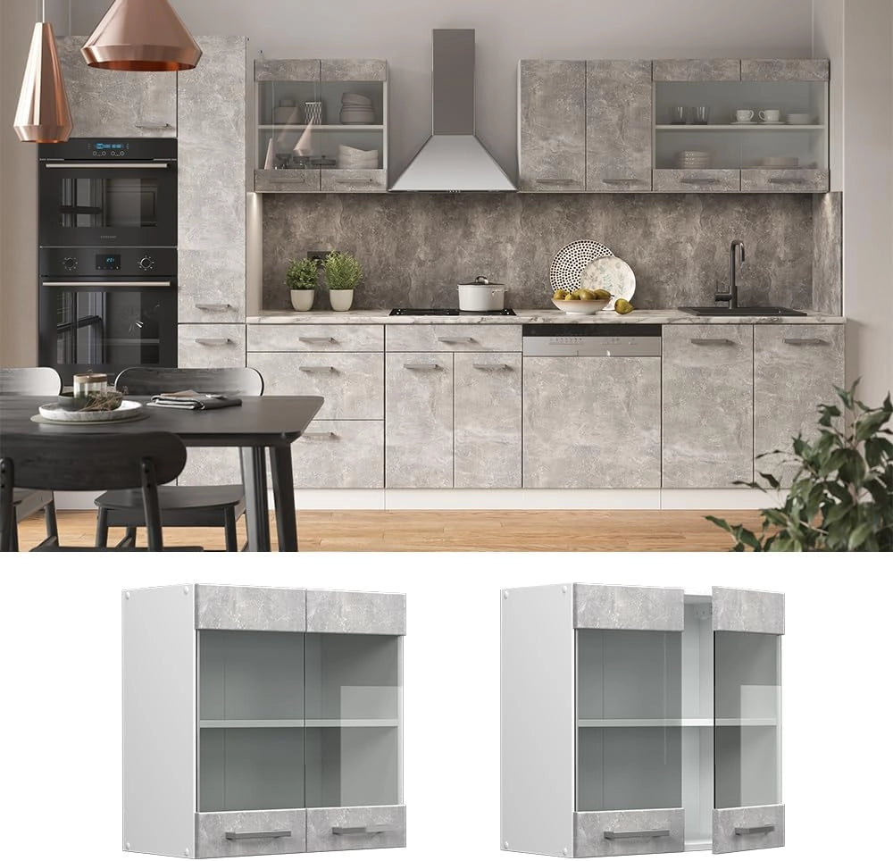Mobile da cucina in vetro R-Line, Calcestruzzo, 60 cm, per la libera combinazione all'interno di sistemi cucina modulari
