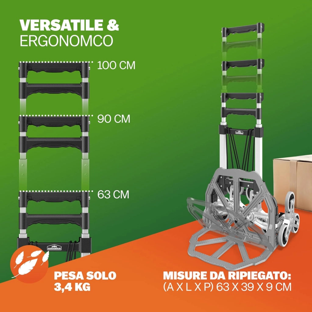 ® Carrello Saliscale con Ruote in PP Antiforatura Pieghevole 80Kg Alluminio Incl. Guanti 2 Corde Carrellino Portapacchi Trasporto Scatole