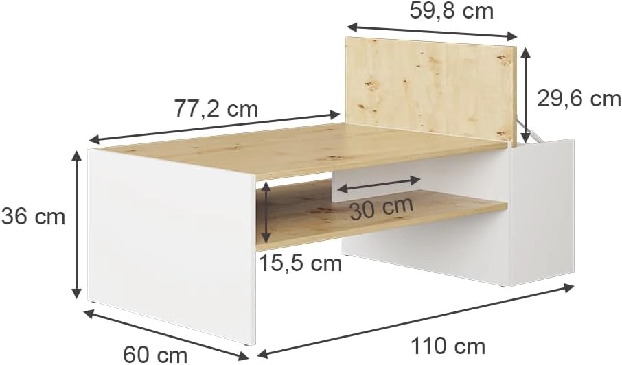 Tavolino da salotto Rubby, Rovere artigianale/bianco, 110 x 60 cm, con ripiano per la conservazione di riviste e accessori