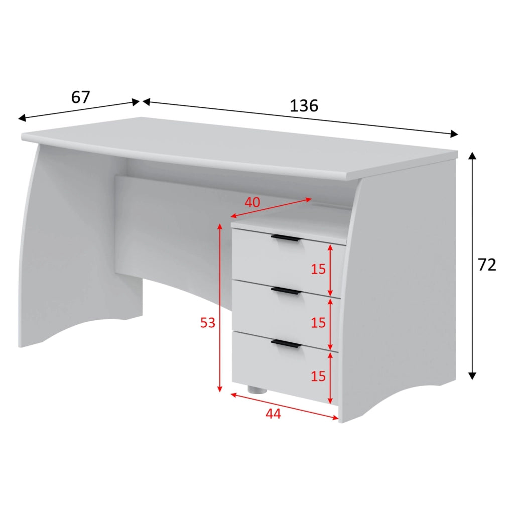 Azziz, Scrivania 3 Cassetti, 136x67x72h cm Bianco Opaco
