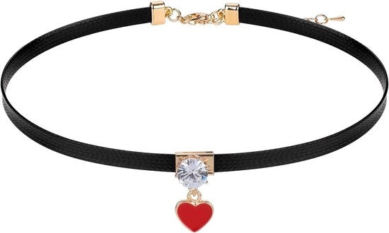 Cinturino Choker in Pelle Flessibile Nero per Donna con Decorazione a Cristallo e Acciaio Inox