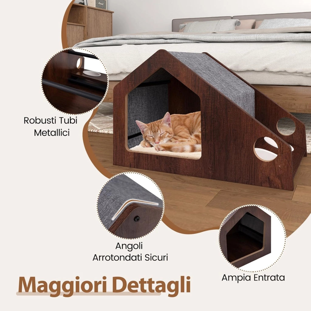 Casetta in Legno per Gatti da Interni, Condo per Gatti con Stazione di Alimentazione, Tetto Rimovibile e Struttura in Metallo, Cuccia per Gattini in Stile Fattoria, 60 x 40 x 40 cm