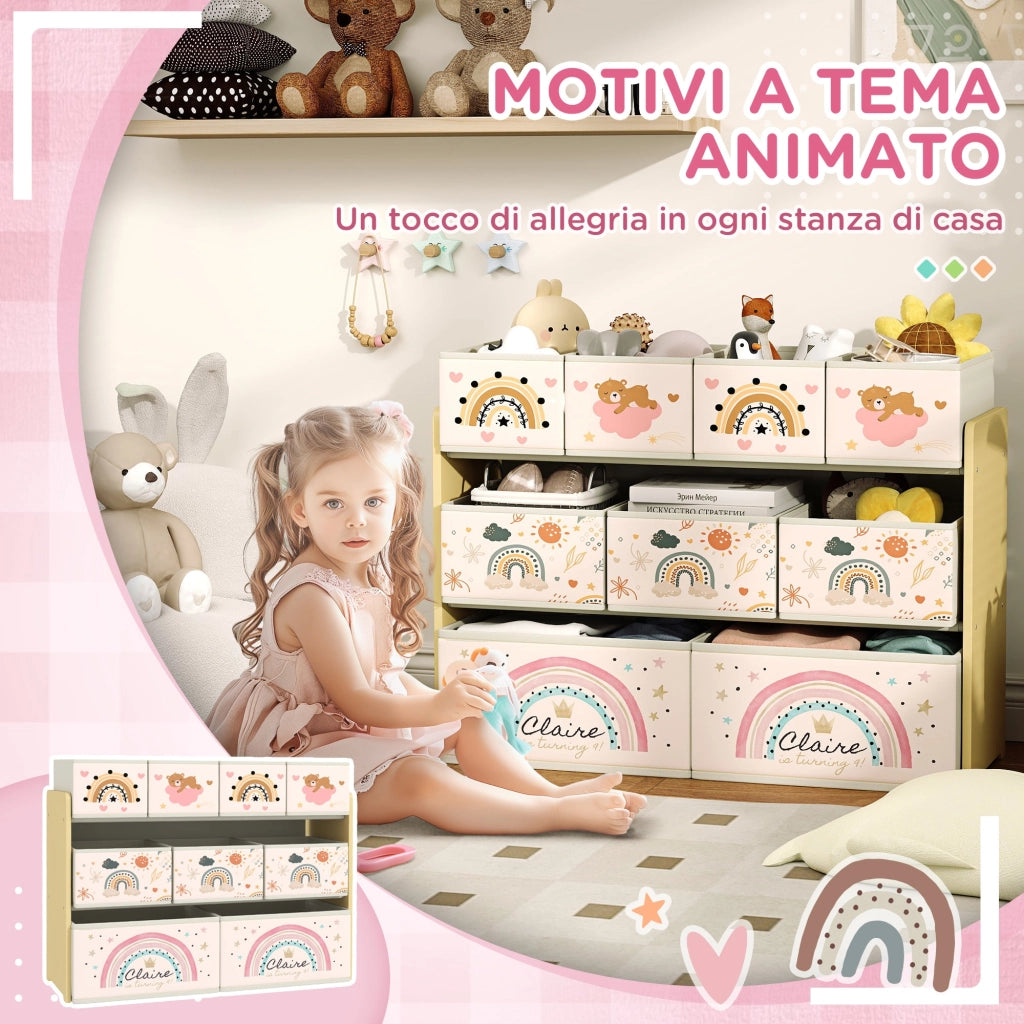 Mobile Portagiochi per Bambini a 3 Livelli 93x30x70 cm con 9 Contenitori in Tessuto Giallo