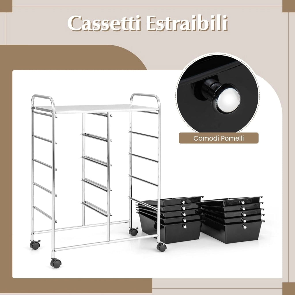 Carrello a 10 Cassetti con Ruote, Carrello di Stoccaggio con Stabilità Elevata, Carrello Multiuso per Casa Ufficio e Scuola, 65,5 x 37 x 87 cm (Nero)