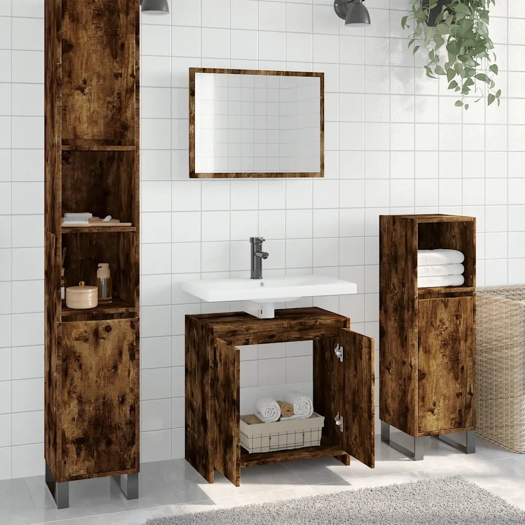 Set Mobili da Bagno | Armadio da bagno 2 pz Rovere Fumo in Legno Multistrato