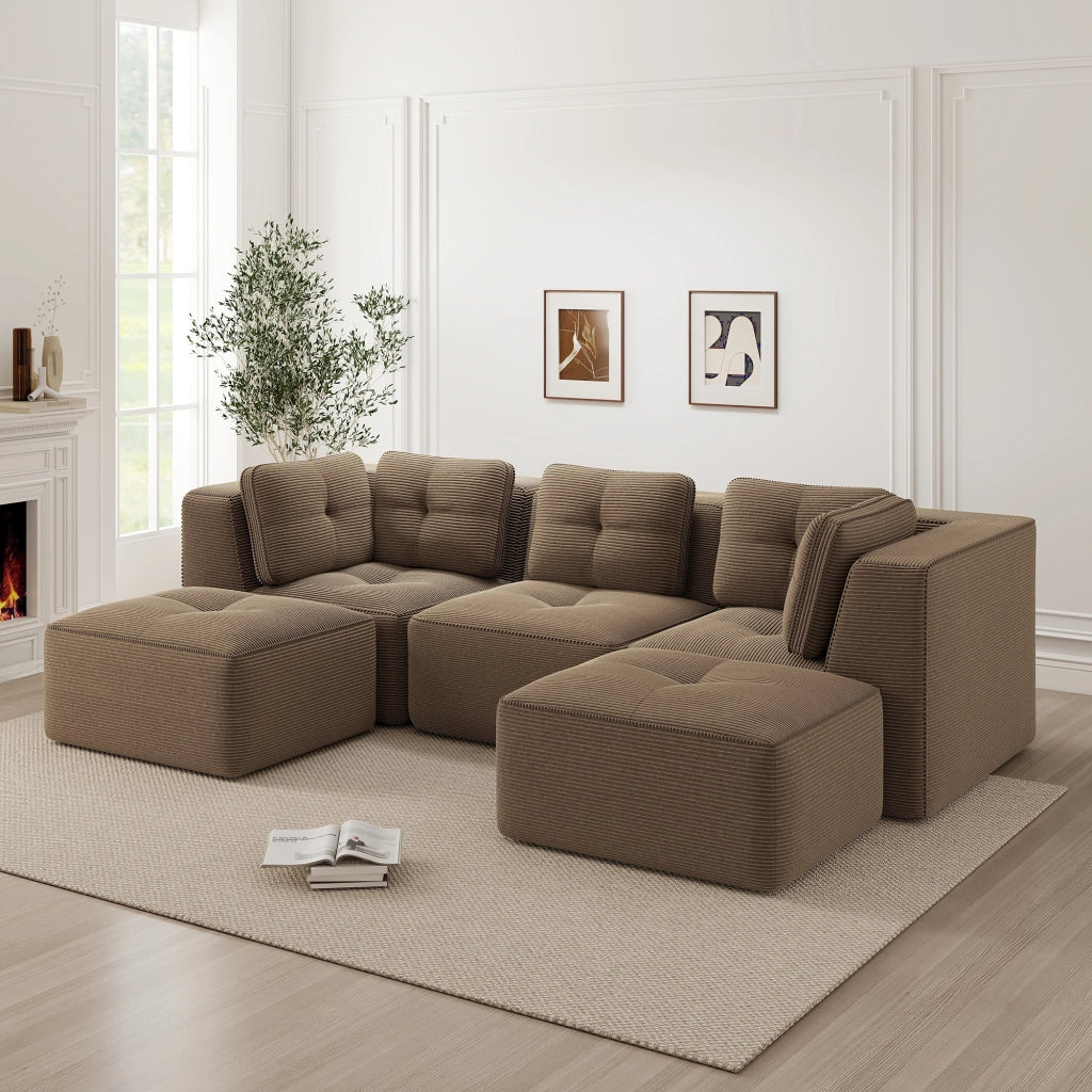 Divano angolare modulare senza struttura con seduta profonda e comfort avvolgente in velluto a coste marrone