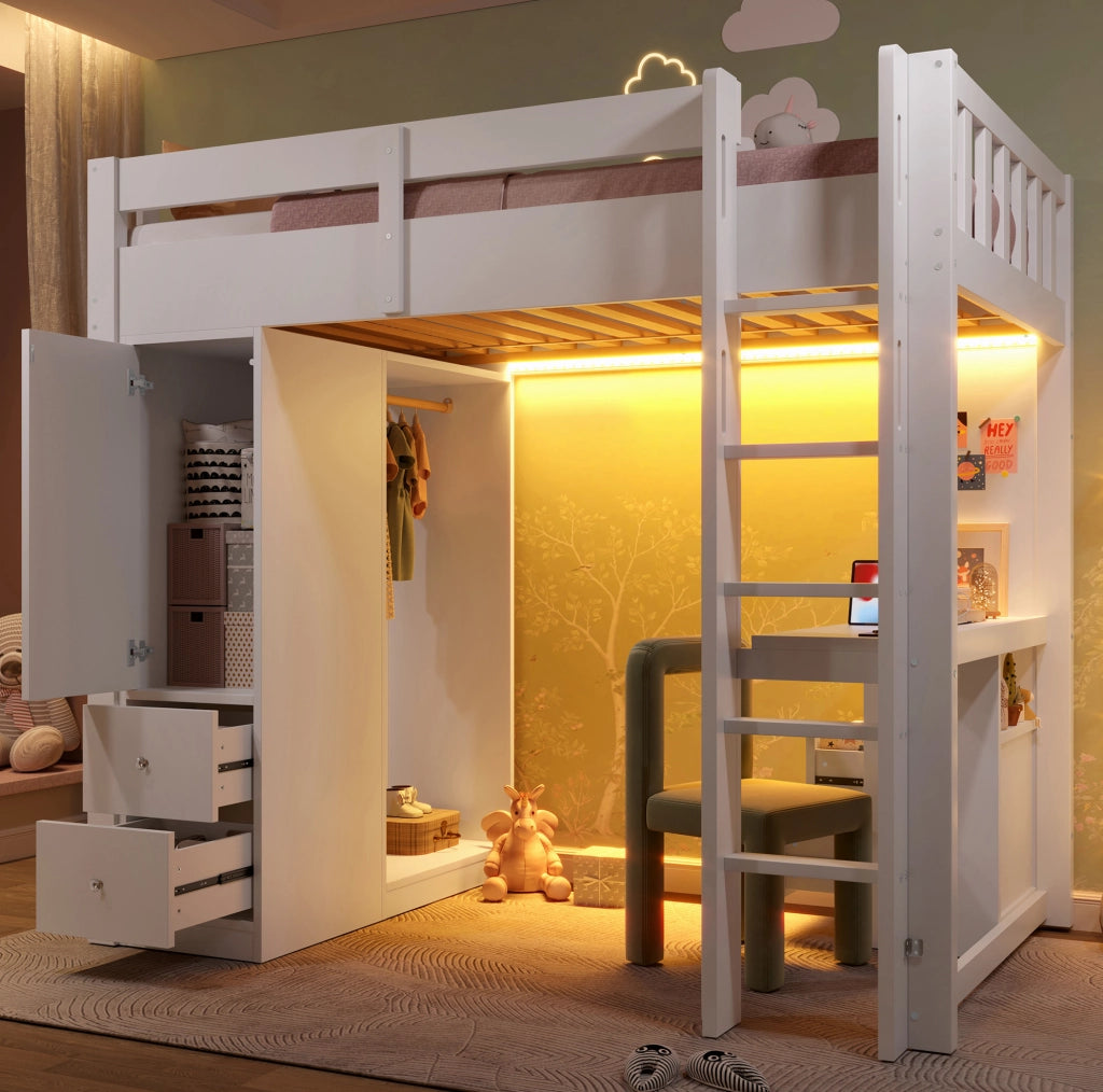 Letto a soppalco 90x200 cm in legno massello e MDF; bianco; con scrivania; LED e cassetti