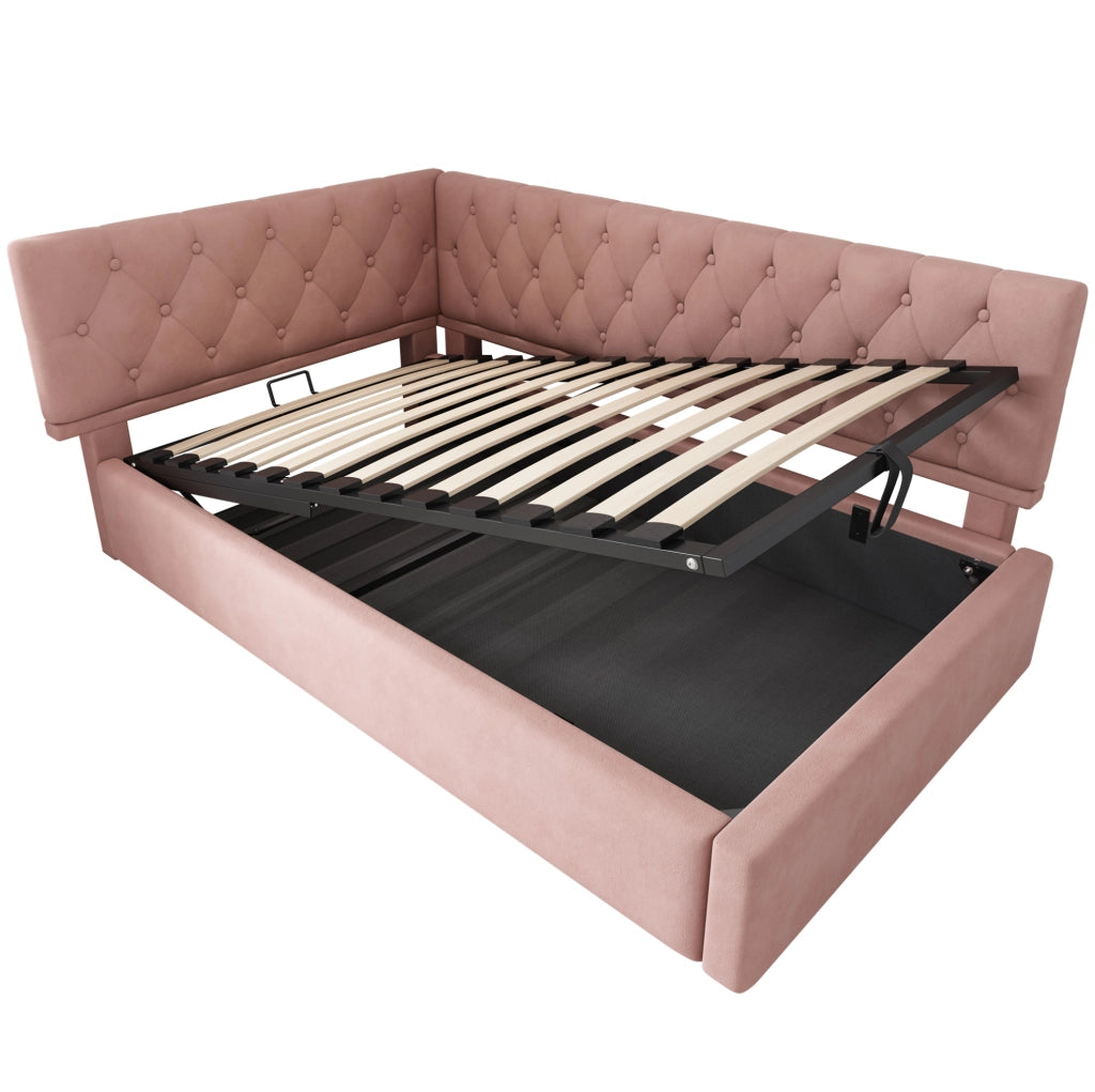 Letto imbottito 90x190 cm in velluto rosa con contenitore idraulico