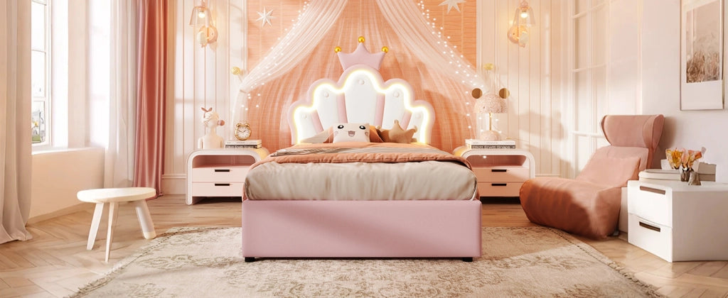 DESMIU Letto Contenitore 90 × 200 cm 1 posto con luce LED, testiera regolabile e senza materasso, in PU, rosa