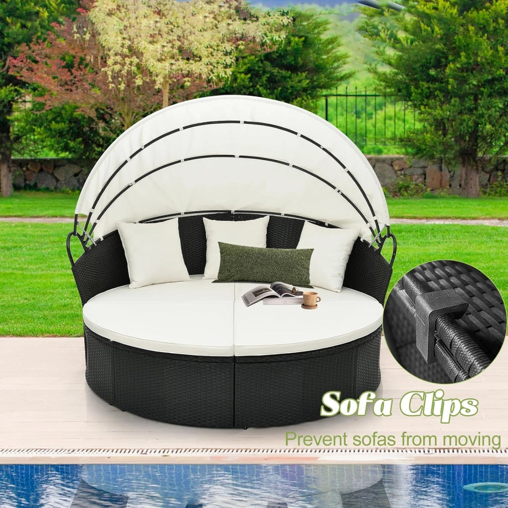 Set Giardino da Esterno in Rattan PE, Divano Rotondo in 4 Pezzi con Cuscini, Lounge Letto Matrimoniale con Tettuccio Parasole, Lettino Prendisole Max 360kg per Piscina e Cortile, 168x180x157