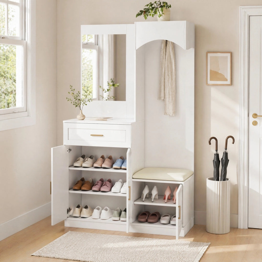 Mobile da ingresso compatto 110x33x185，5 cm bianco in MDF con specchio e panca