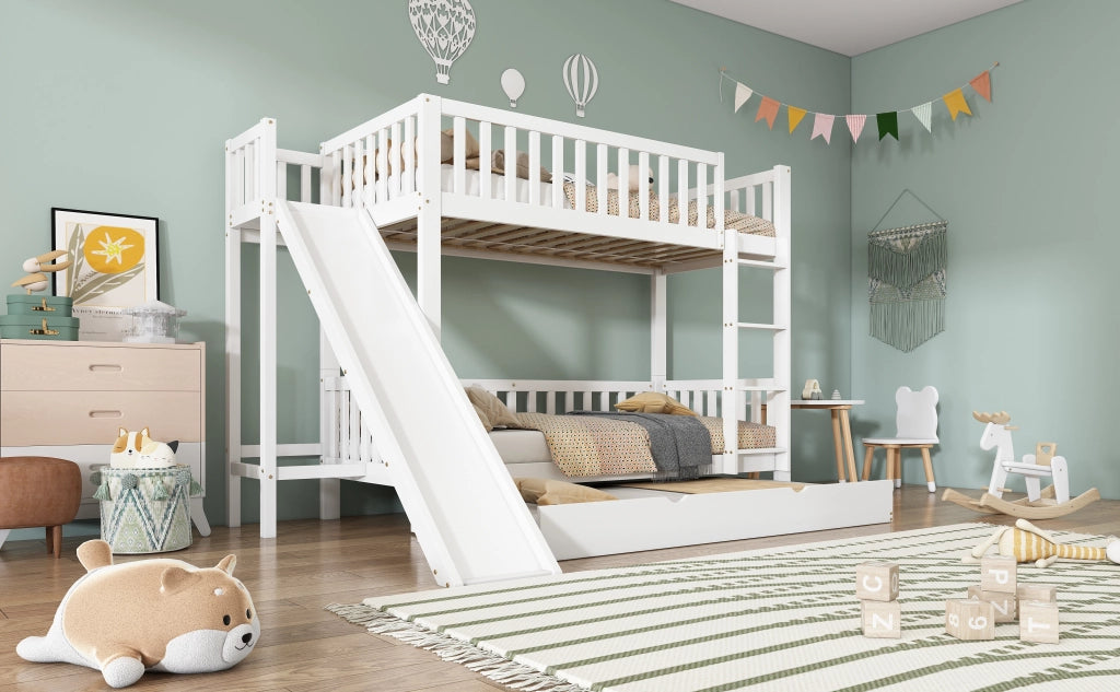 LETTO A CASTELLO con letto estraibile e scivolo 90x200/190 cm Bianco