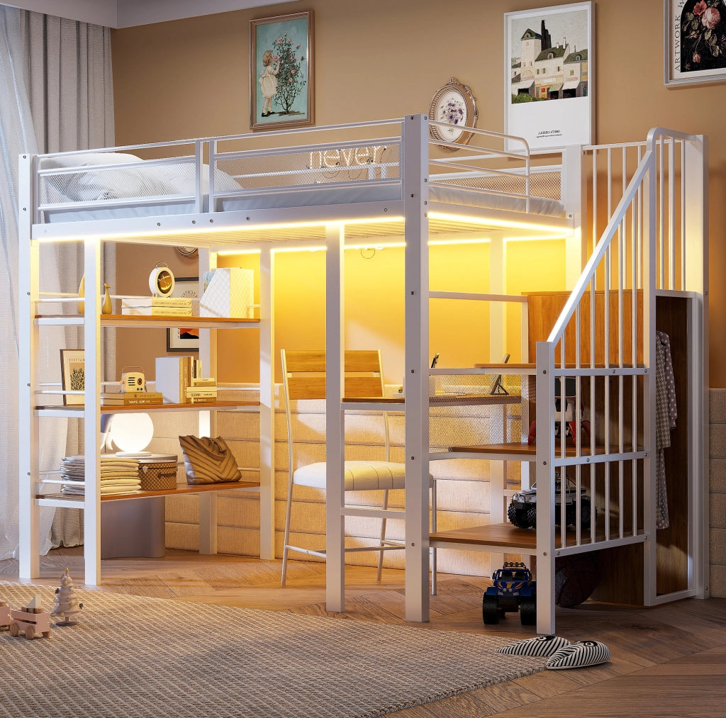 Letto a soppalco 90x200 multifunzionale con scrivania, ripiani e luce LED