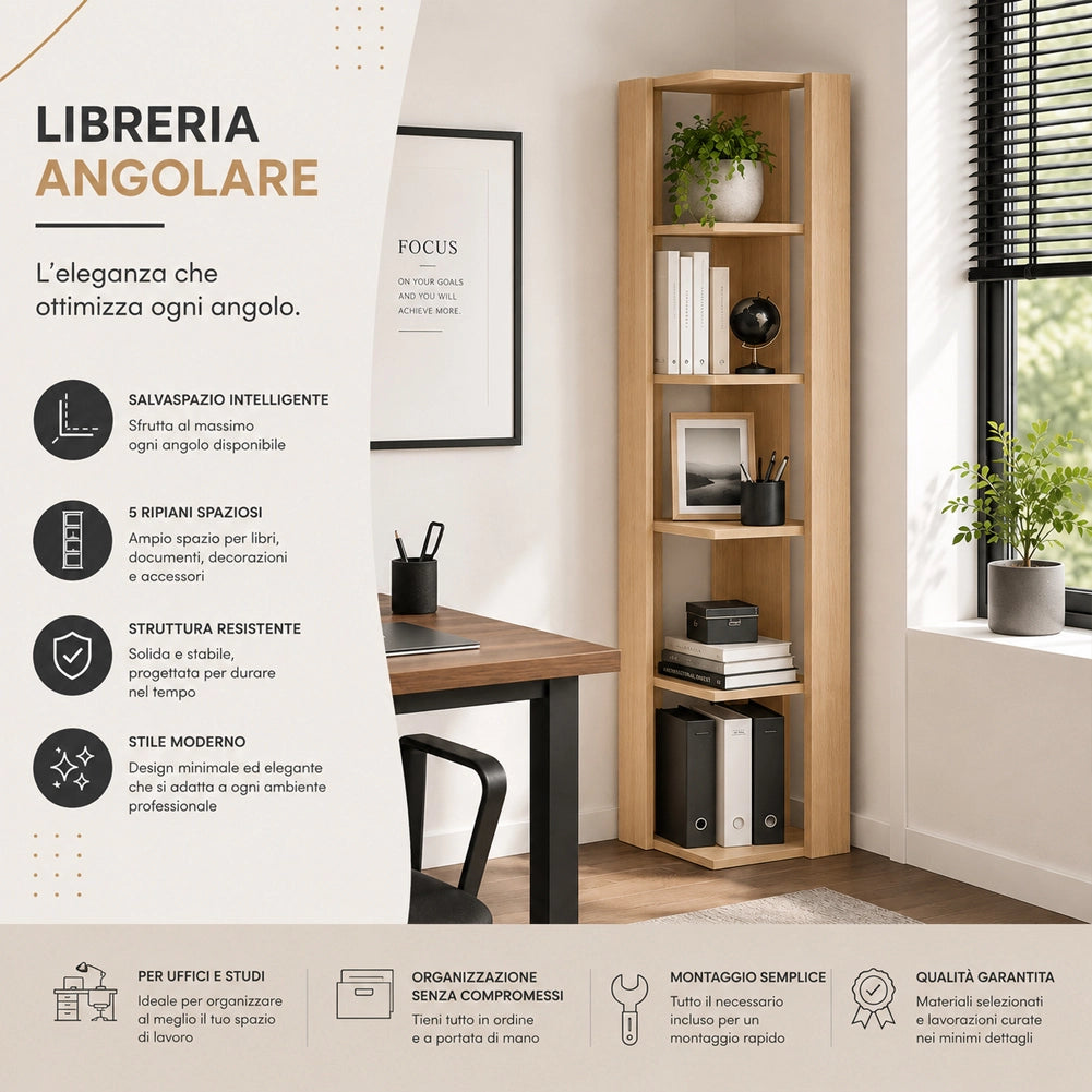Libreria Angolare 5 Ripiani in Legno Quercia Scaffale Salvaspazio 34x34x161cm