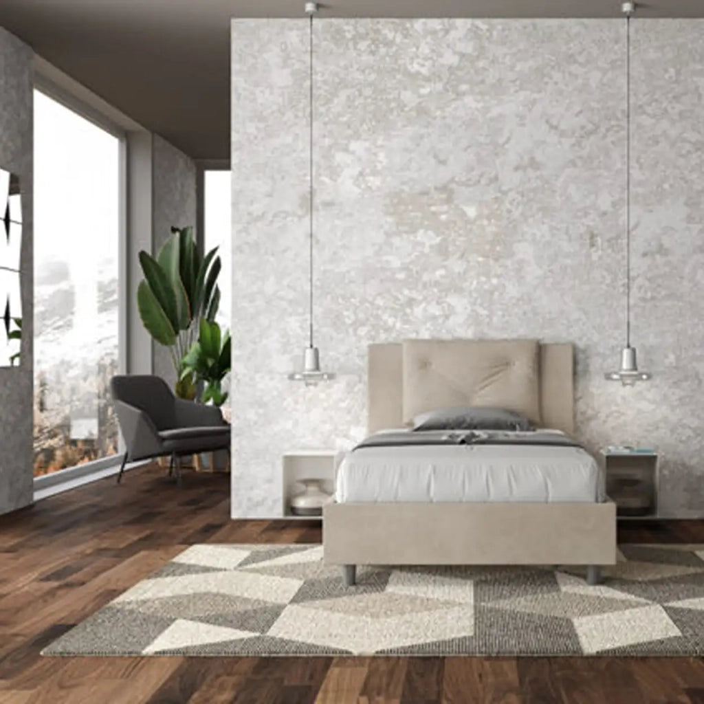 Letto una piazza e mezza contenitore imbottito 120x200 microfibra sabbia Appia