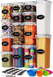 Set di Scatole di Stoccaggio Aereostatiche da 14 - Barattoli in Plastica Senza BPA con Coperture e Etichette per Muesli, Farina, Zucchero - Include Penna e Cucchiaio