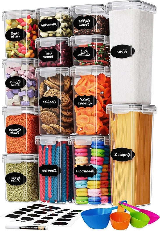 Set di Scatole di Stoccaggio Aereostatiche da 14 - Barattoli in Plastica Senza BPA con Coperture e Etichette per Muesli, Farina, Zucchero - Include Penna e Cucchiaio