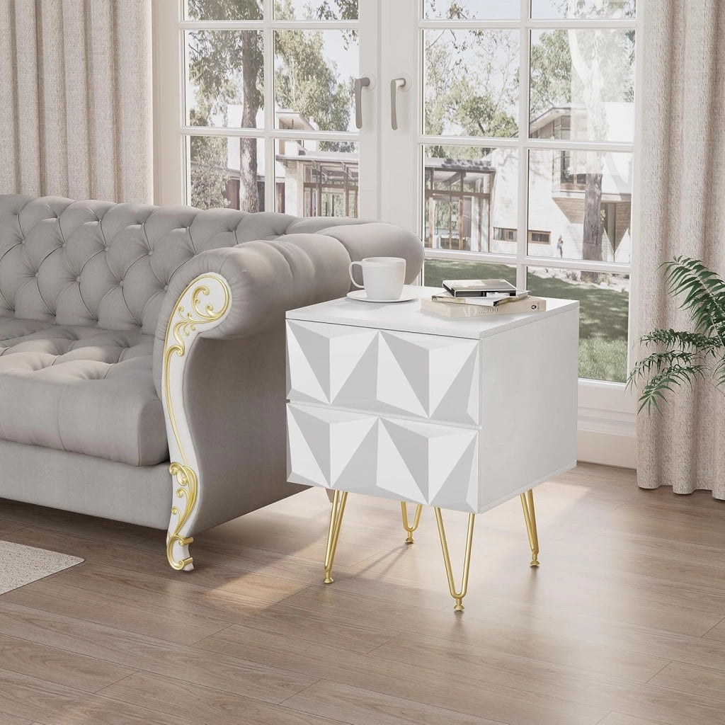 Comodino per Camera da Letto, Comodino Bianco con 2 Cassetti e Gambe Dorate, 40x40x53cm, Tavolino da Salotto, Divano, Cameretta, Frontale in Rilievo, in Legno e Metallo, 0001CTG
