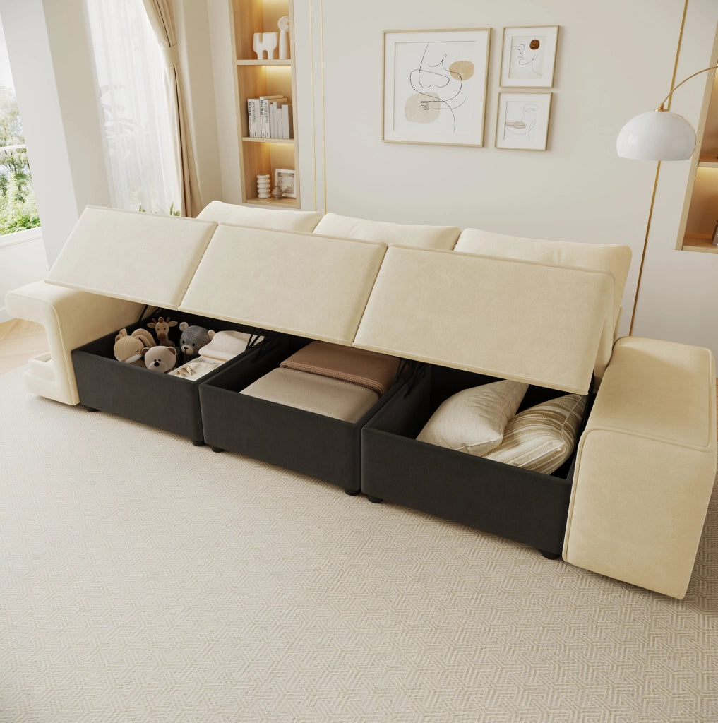 Divano modulare a 3 posti in velluto beige con contenitore; 229;5 cm; con 2 cuscini
