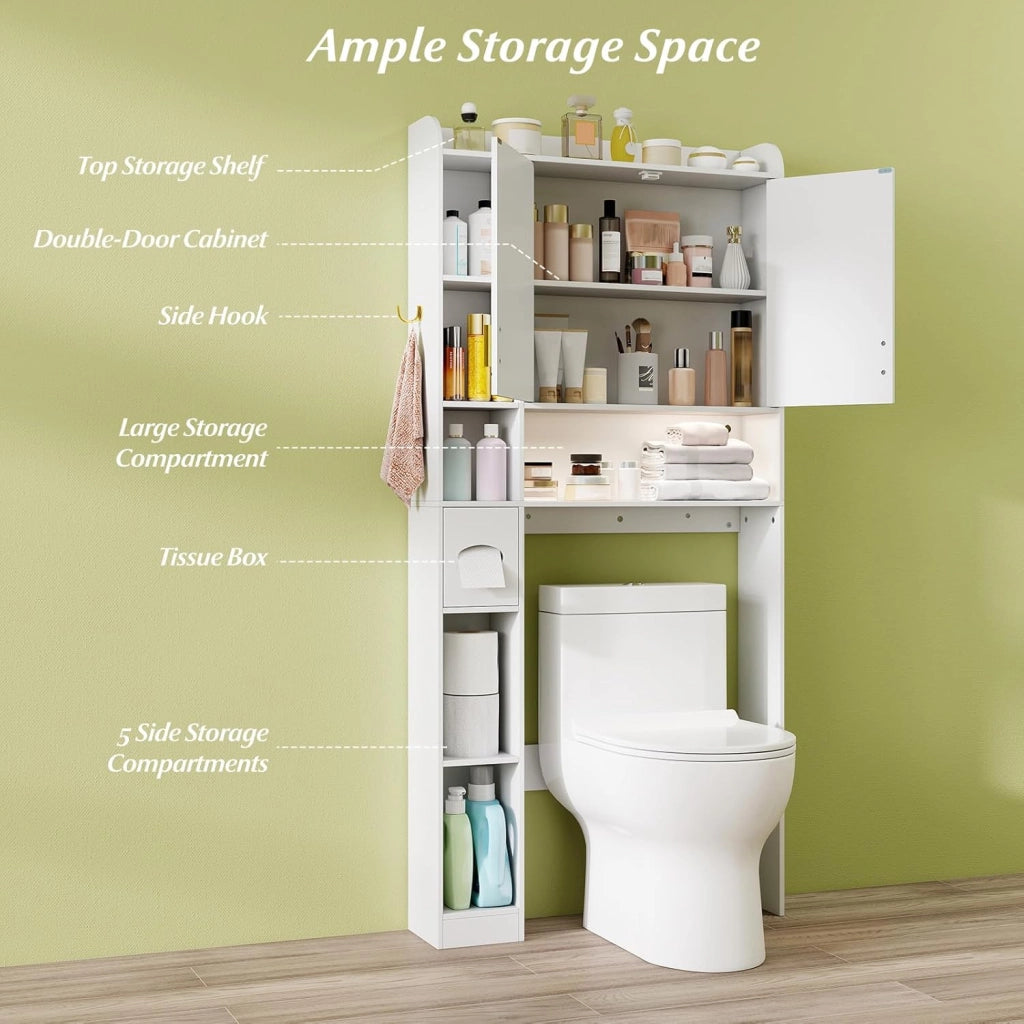 Mobile su WC con striscia luminosa, armadio da bagno con porte, ripiani aperti, supporto per carta igienica e gancio laterale, 80 x 20 x 171 cm, scaffale di stoccaggio (Bianco)