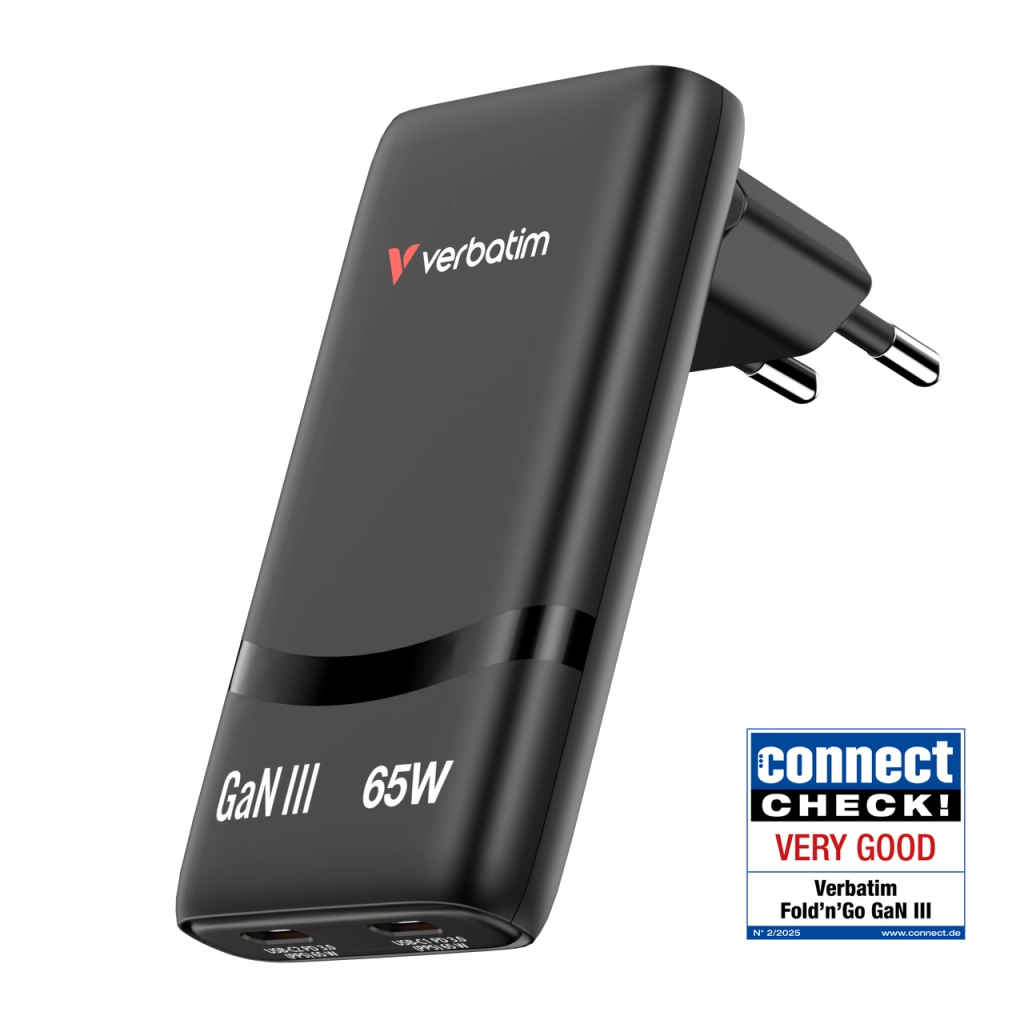 Verbatim Fold n Go GaN Charger 65W 2xUSB C weiß klappb.St.32355